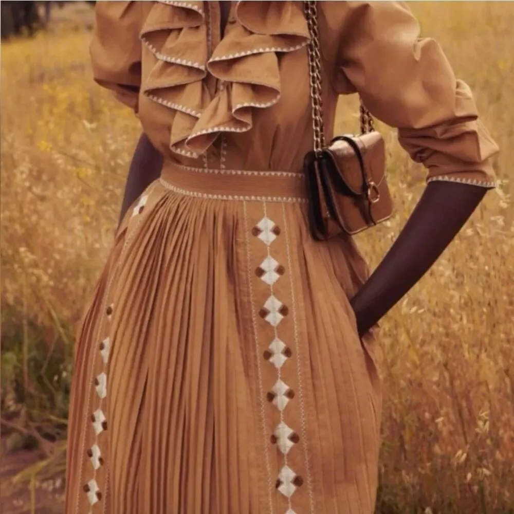 Ulla Johnson Midi Pleated Brown Sabina Embroidered Skirt 0 NWT - Picture 1 of 12